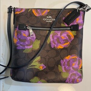 Coach Crossbody Bag in Brown and Purple with Floral Design